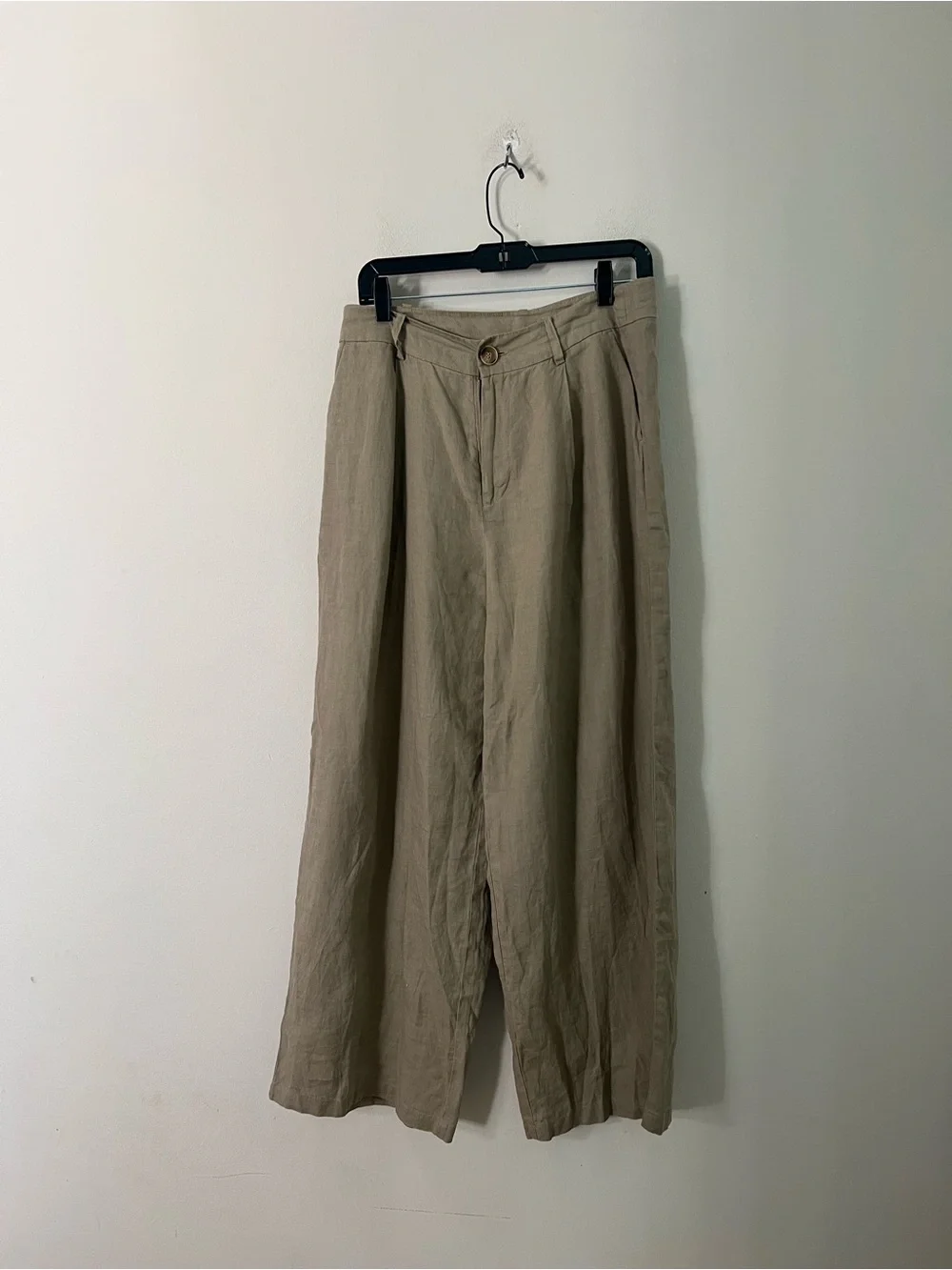 Zara Wide-Leg Khaki Linen-Blend Pants